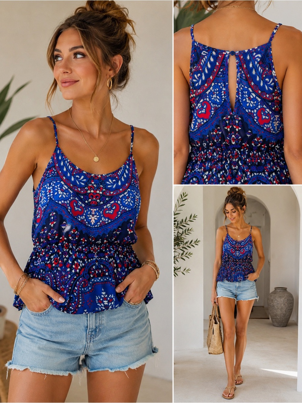 Aqua Blue Red Paisley Peplum Camisole Too Adjustable Straps Med
